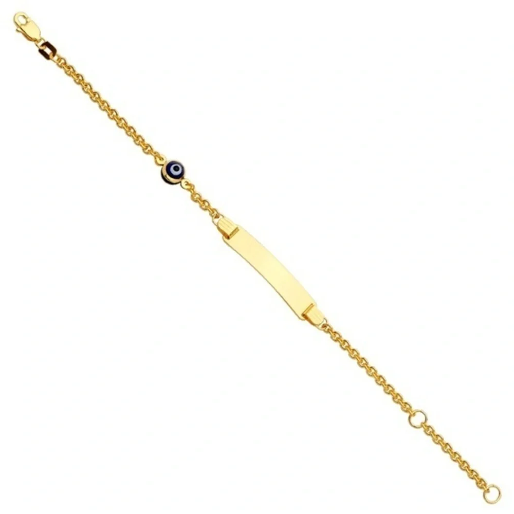 Kids 14k Yellow Gold Blue Evil Eye ID Bracelet